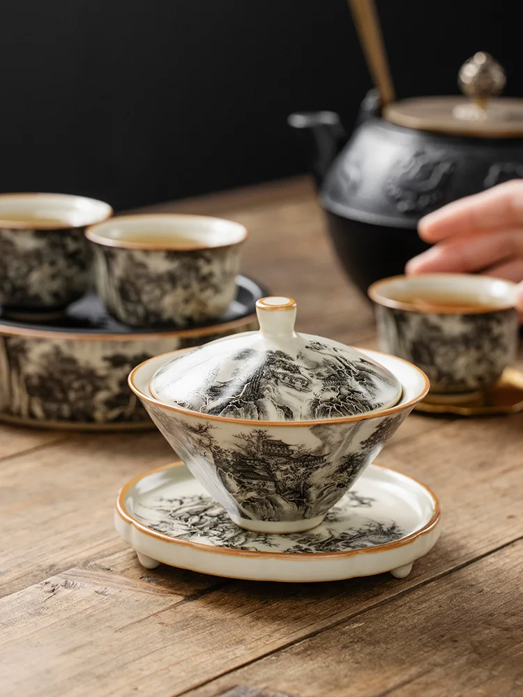 130ML Ru Kiln Landscape Porcelain Gaiwan Set For Tea Tureen Teaware Cup Chinese Yellow Ceramic Opening Tea Bowls Ceremony
