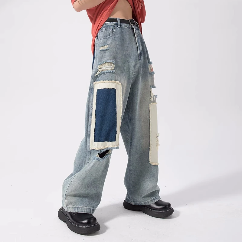 

2023 Men's Streetwear Personalized Patchwork Color Casual Pants Loose Fashion Trend Jeans Blue Color Oversized Trousers M-3XL