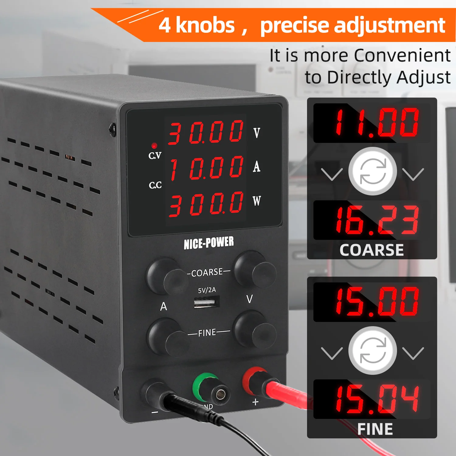조정 가능한 실험실용 DC 전원 공급 장치 0-30V 5A/10A 60V 5A 120V 3A 4자리 LED 디스플레이 4개 노브 거친 및 미세 조정 기능, 냉각 팬 포함