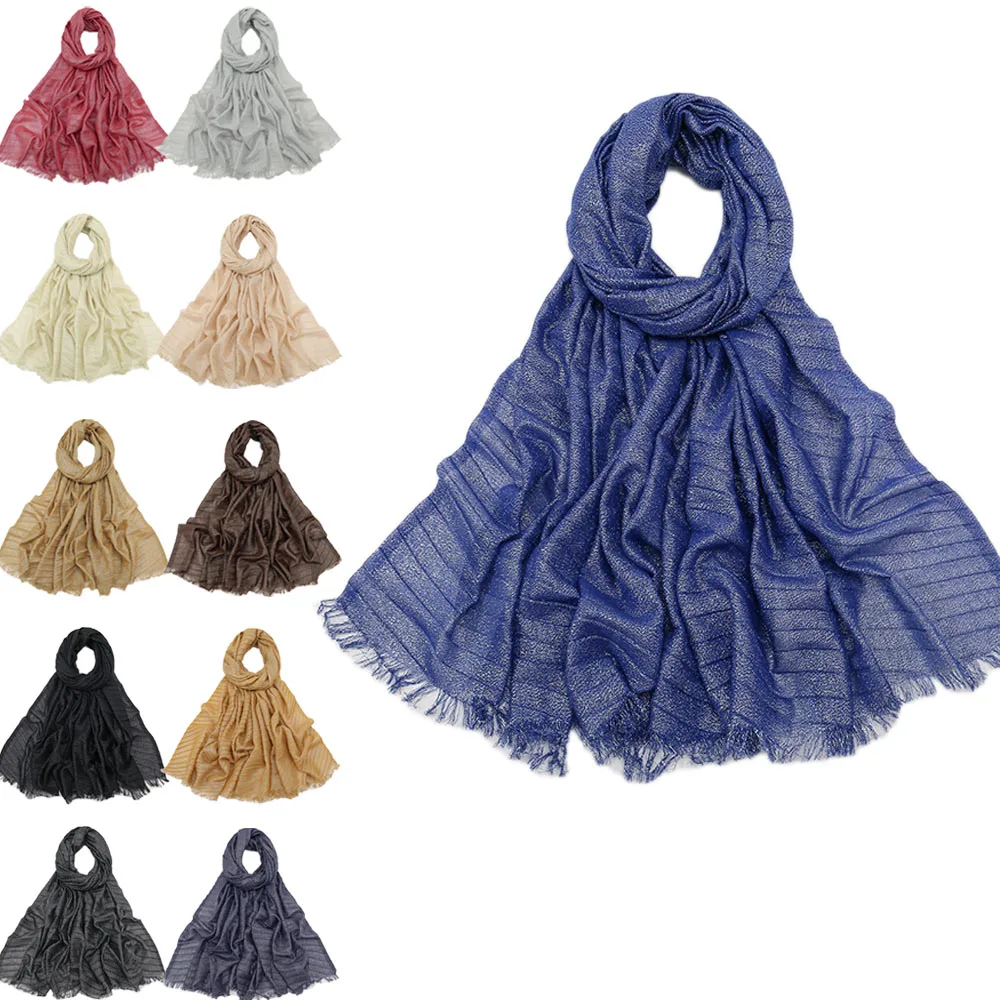 

2024 New Crinkled Viscose Plain Hijabs Islamic Women Glitter Shiny Shimmer Scarf Muslim Tassel Shawls Wraps Foulard Female