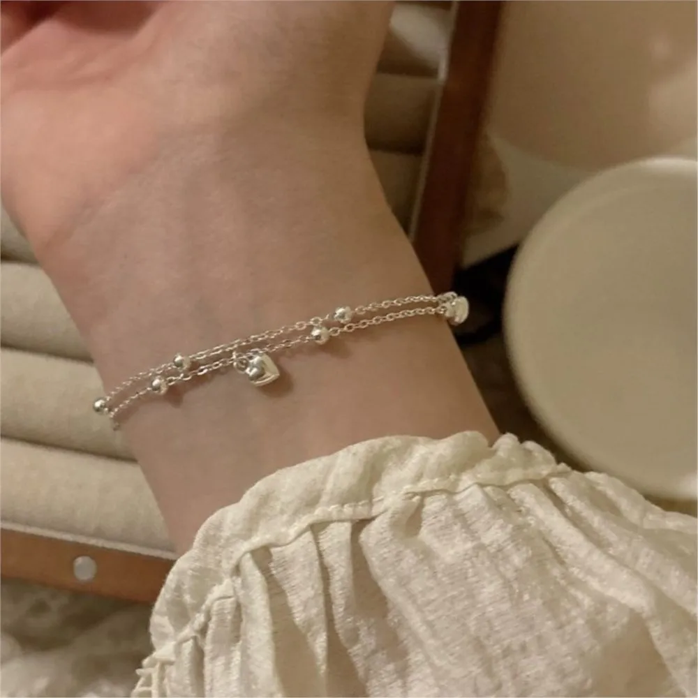 Silver Color Double Layer Love Heart Beads Chain Chain Bracelet for Womem Trendy Cute Peach Bracelet Party Jewelry Gifts