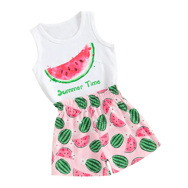 Baby Kids Girls Shorts Set Sleeveless Crew Neck Letters Print Tank Top and Flower Watermelon Shorts Summer 2-piece Outfit