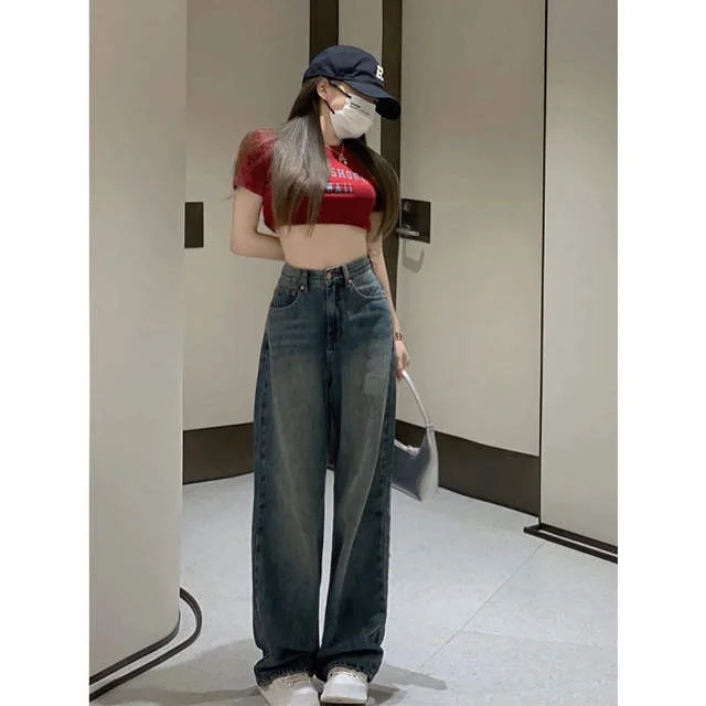 여성용 빈티지 와이드 레그 카고 청바지, 하이 웨이스트, 헐렁한 데님 바지, Y2K 스트리트웨어, 2023 가을