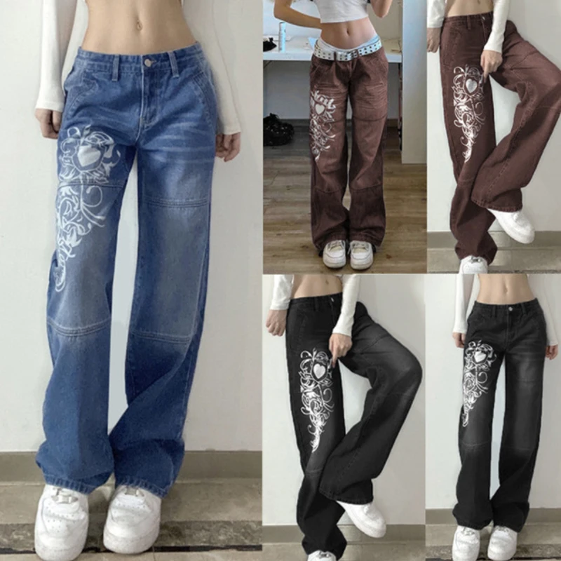 Pantalones vaqueros para mujer, sueltos de cintura talla grande, informales, de pierna ancha, Otoño e Invierno -