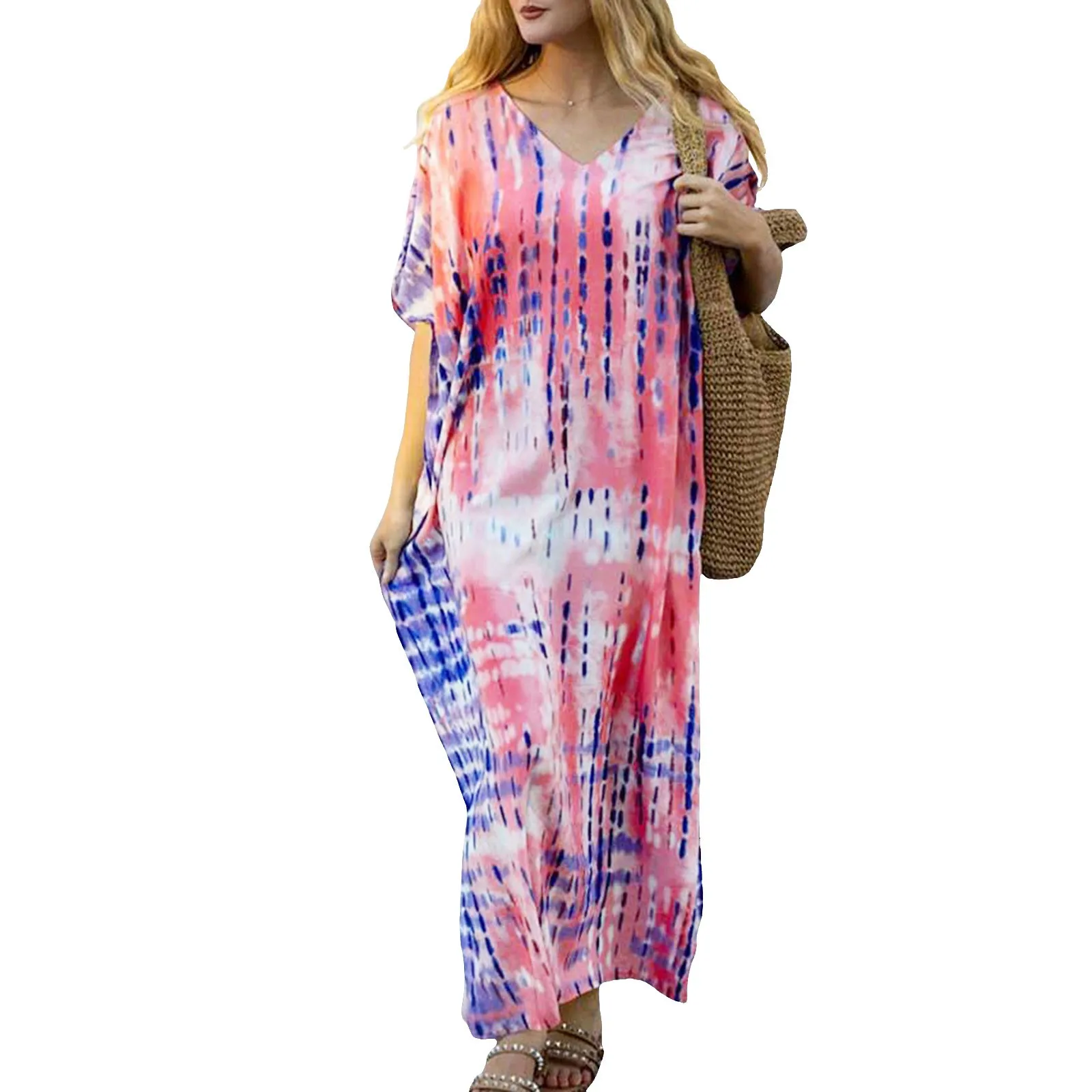 

holiday Womens oversize loose printed dress Plus Size Kaftans Casual V Neck Ankle length casual Long Soft Beach Maxi Dress