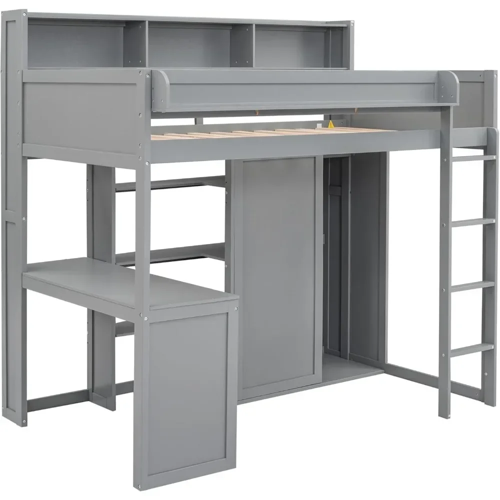 Bunk Beds Twin Loft Bed, Desk & Wardrobe, Solid Wood Loft Bed with Desk and Multiple Shelves, High Loft Bed Frame with Bookcase 4