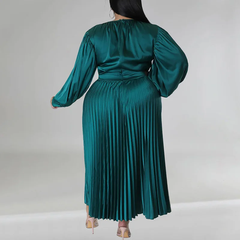 Plus Size Clothes Women Silk Like Fabric Pleat Fairy Skirt Fashion Autumn Winter Round Neck Solid Long Sleeve Party Maxi Dress