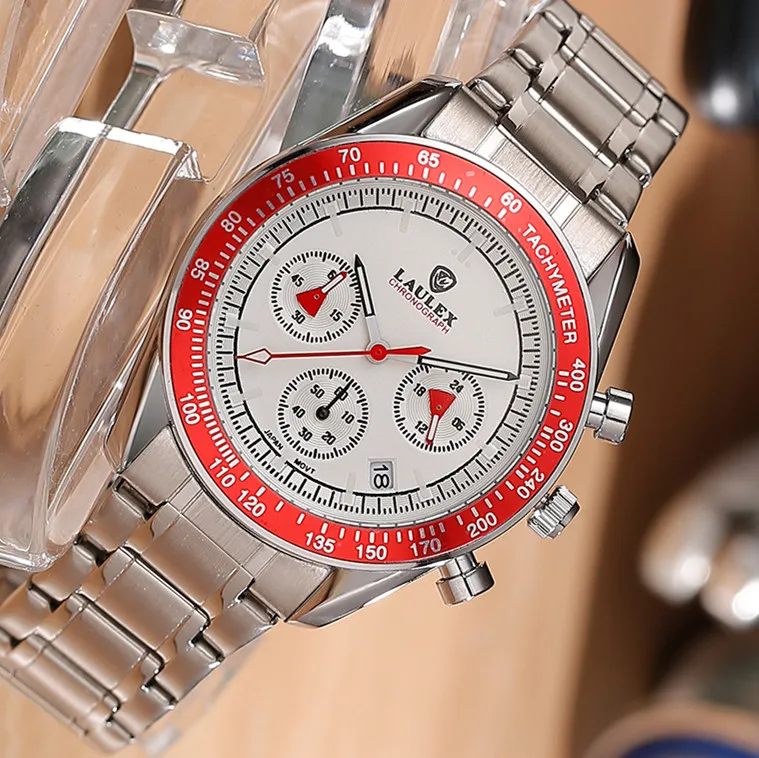 

2024 New LAULEX, the genuine flame red men's watch, the deluxe quartz multifunction chronograph, the automatic date watch