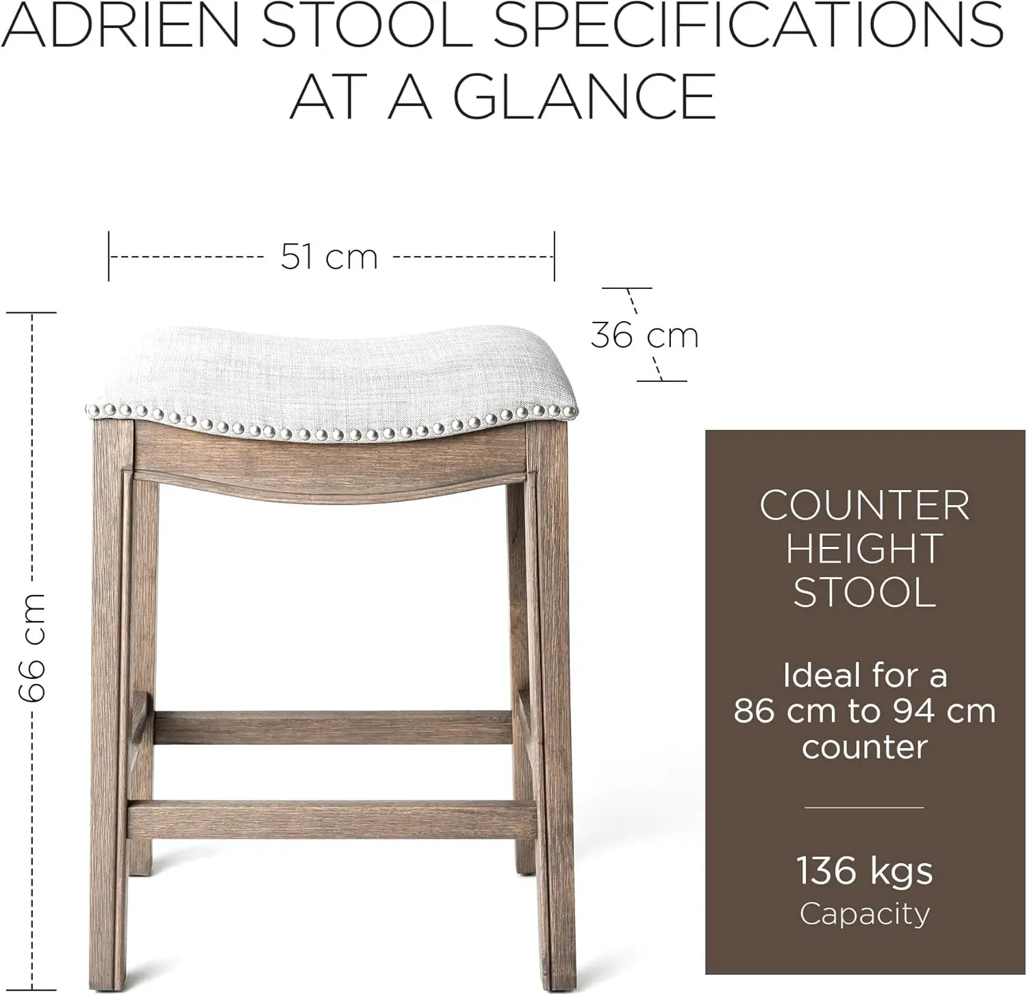 26" Wood Counter Height Stool - Handcrafted Reclaimed Oak Finish with Ash Grey Fabric Upholstered Saddle Seat