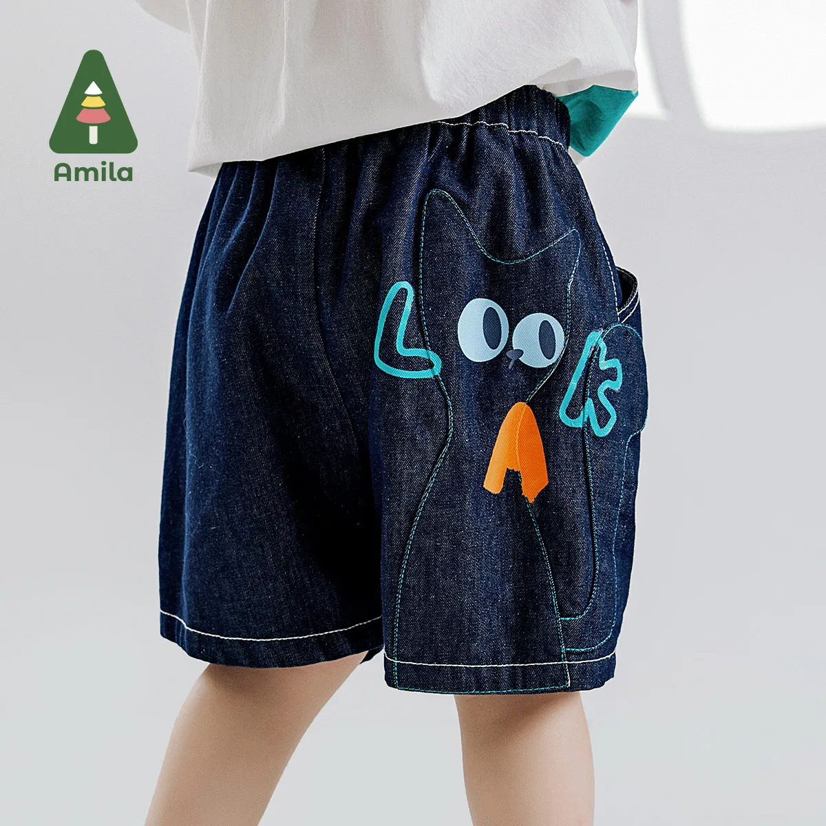 Amila Summer New Boys Bottom Soft Denim Patchwork Cartoon Cat Dark Blue Boutique Breathable Quarter Pants 0-6Y
