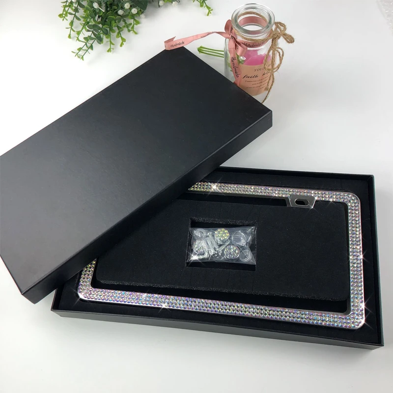 2 pcs stainless steel Shiny Crystal License Plate Frames Luxury Handcrafted  Rhinestone Bling Car Accessories White Black Blue - AliExpress