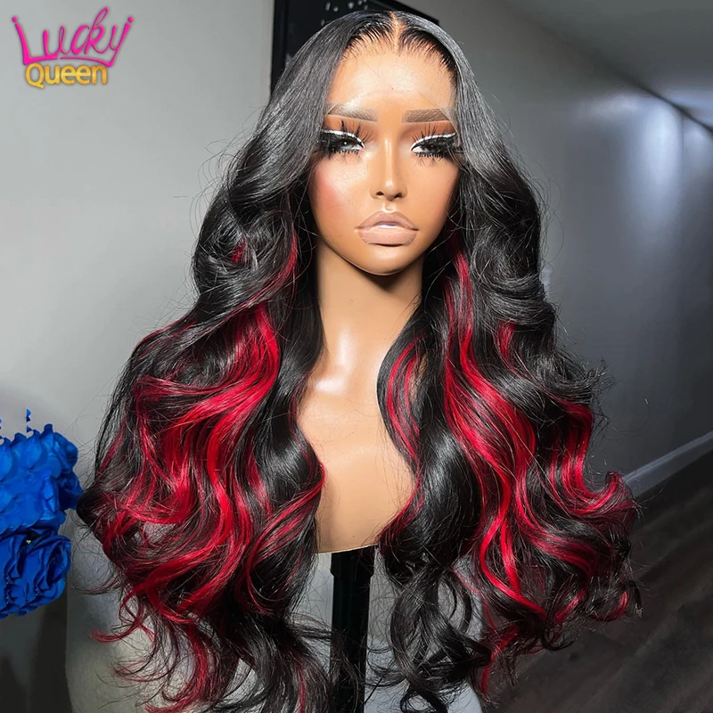 

Black with Inner Highlight Red Body Wave Transparent Lace Front Wig for Women 13X4 Frontal Human Hair Wig Preplucked 5X5 Closure