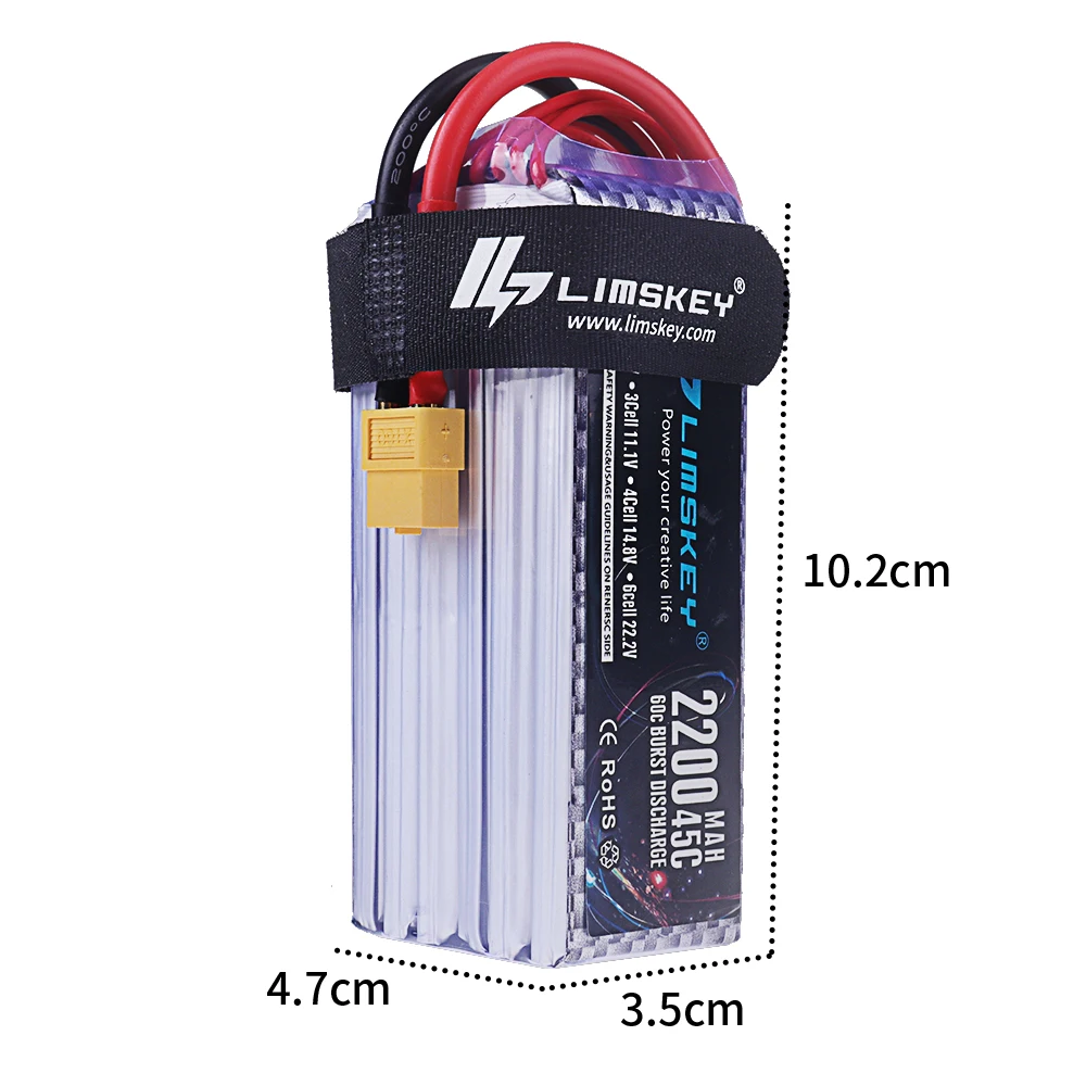 Vue latérale de la batterie drone LiPo 11.1V, connecteurs T Plug et XT60 visibles sur les câbles.