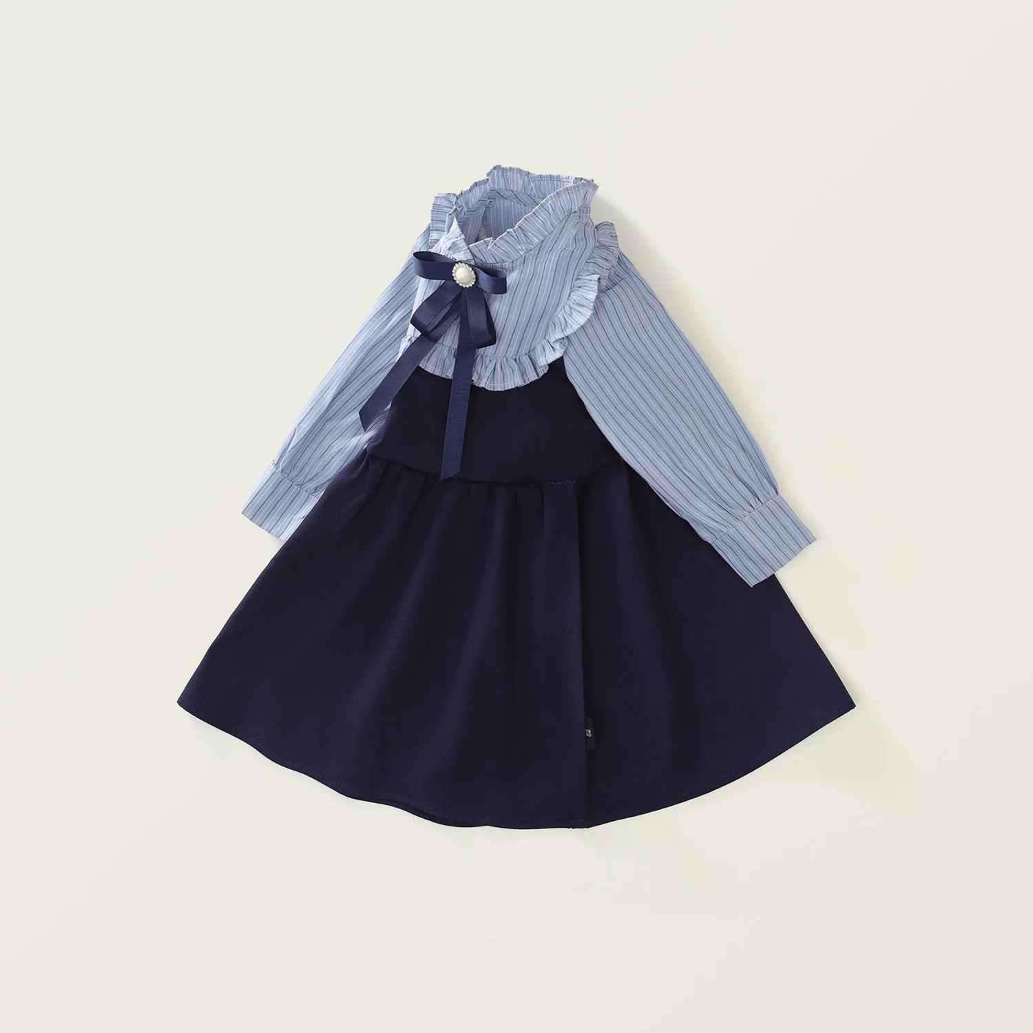 YBFSKID Frühling Kleinkind Mädchen Adrette Kleid Gefälschte Zwei Stück Baby Mädchen Kleid Streifen Kontrast Knotbow Langarm Kind Mädchen Kleid – Detail 2