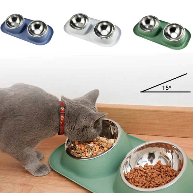 DoubleCatDogBowlStainlessSteelCatFoodContainerNonslipBase