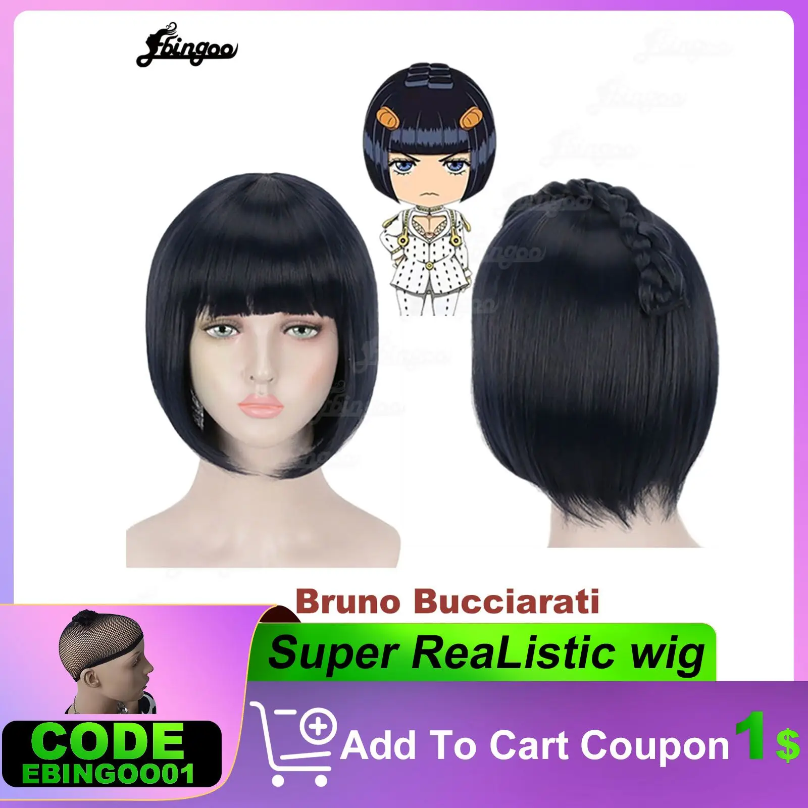 Ebingoo Synthetic Wig JoJo's Bizarre Adventure Bruno Bucciarati Cosplay Wig Braid+Bizarre Adventure Anime Short Straight Bob Wig