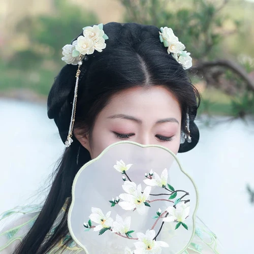 중국 헤어 클립 소녀 한푸 헤어 액세서리, 녹색 꽃 머리핀 술 진주 헤드피스, 고대 파티 바렛 헤드 쥬얼리 2