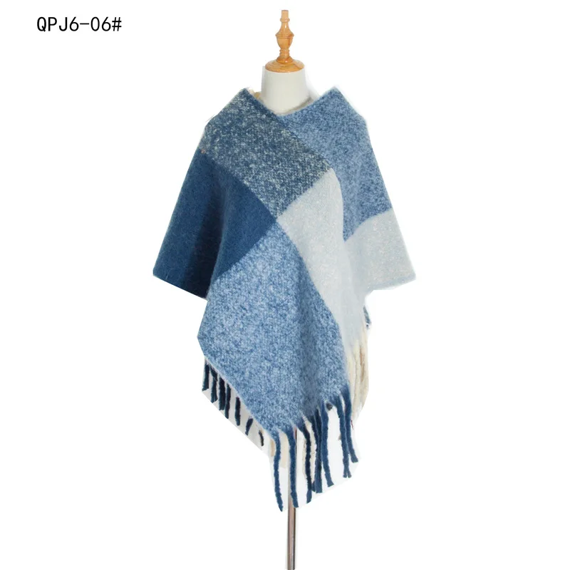 Europe  United States 2022 new Autumn Winter Women's Shawl Coarse Tassel Loop Yarn Large Lattice Warm Capes Lady Ponchos Blue 180 52cm prayer shawl yeshua exquisite gift packaging praying scarfs wraps blue navy deep red messianic for men women priest