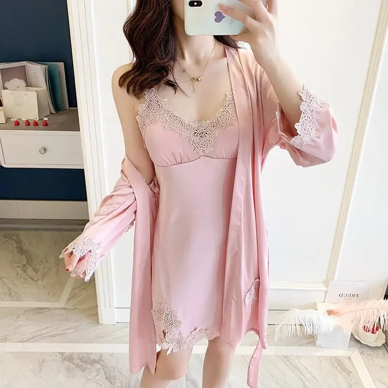 Bata larga de satén para mujer, Kimono elegante, camisón Sexy con cuello en  V, ropa de dormir de retazos de plumas para el hogar - AliExpress