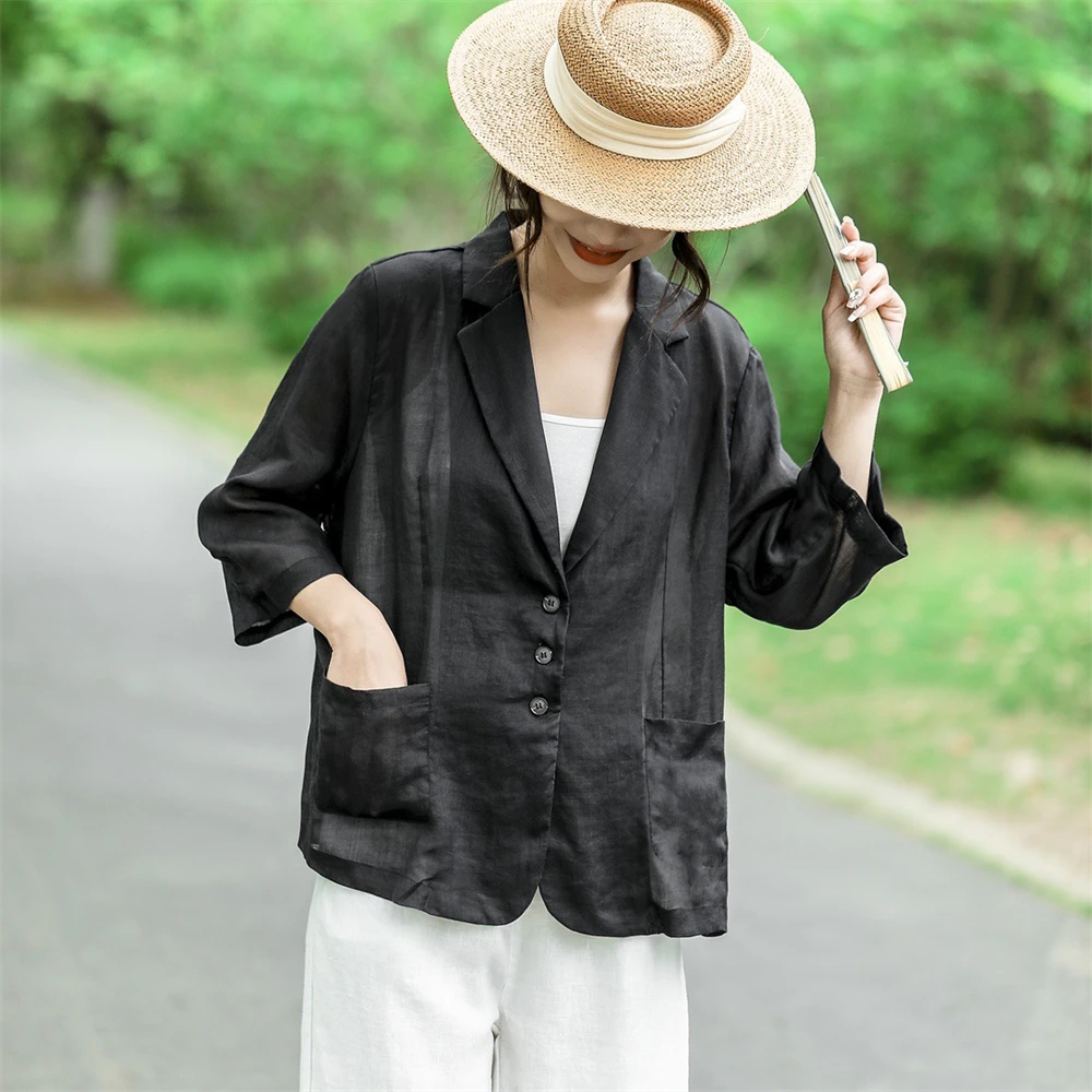 Ladies Linen Blazer Coat Summer Retro Loose Cardigan Tops Women Suit Outerwear Female Single Breasted Thin Breathable Jacket New 4
