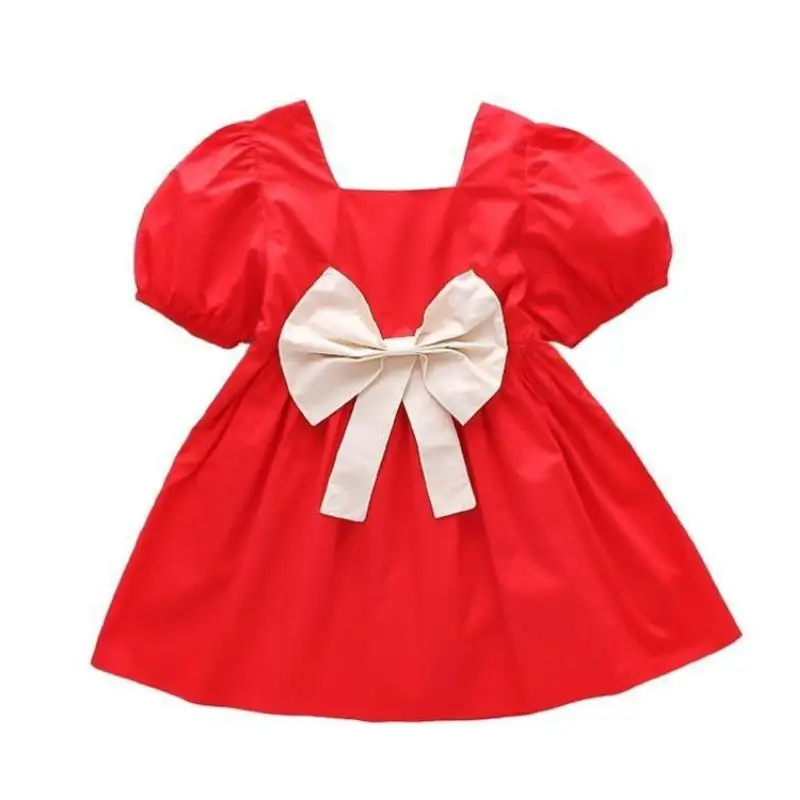 Kinder kleid 2024 neue Mädchen Sommer mode Blase Ärmel Bogen einz eilig Kragen Kleid Säugling Prinzessin Kleid 0-6 Jahre alt – Detail 7