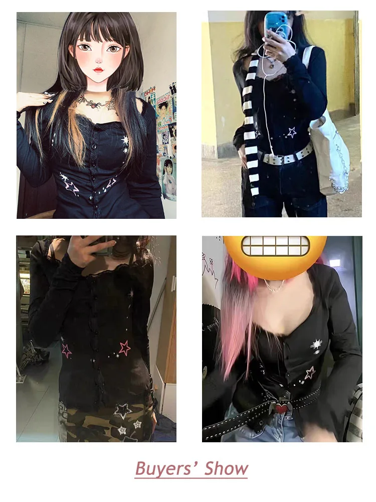 Seeslim 핫스위트 레이스 패치워크 프린트 스타 티셔츠, 긴 소매 슬림 하라주쿠 Y2k 가디건 티셔츠, 여성 의류, 90 년대