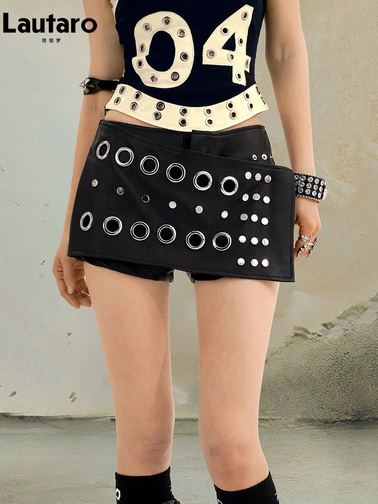 Lautaro Spring Summer Hollow Out Black Pu Leather Mini Skirt Women Luxury Designer Steampunk Punk Style Clothes Streetwear 2026 - Image 2