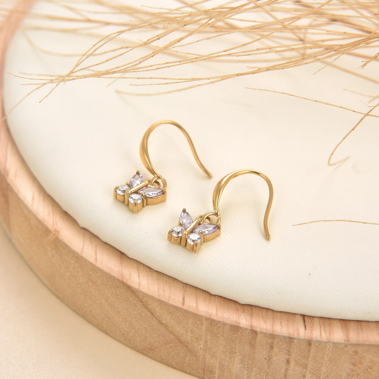 8k Gold Plated Cubic Zirconia Drop Dangle Fish Hook Earrings, Stainless Steel Butterfly Cross Bar CZ Dangling  Earring for Women