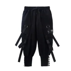 Kids Cargo Pants for Boy Fashion Black Harem Pants Multi Pockets Joggers Trousers with Chain Elastic Waist Streetwear Sweatpants