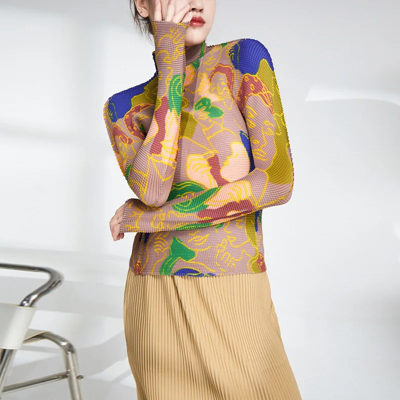 

2023 autumn new printed long-sleeved T-shirt pleated top