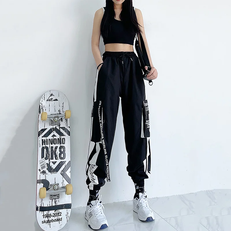 capri leggings Big Pocket Patchwork Frenulum Elastic Waist Cargo Pants Punk Casual Spring Fashion Hip Hop Streetwear Woman Pant plus size clothing