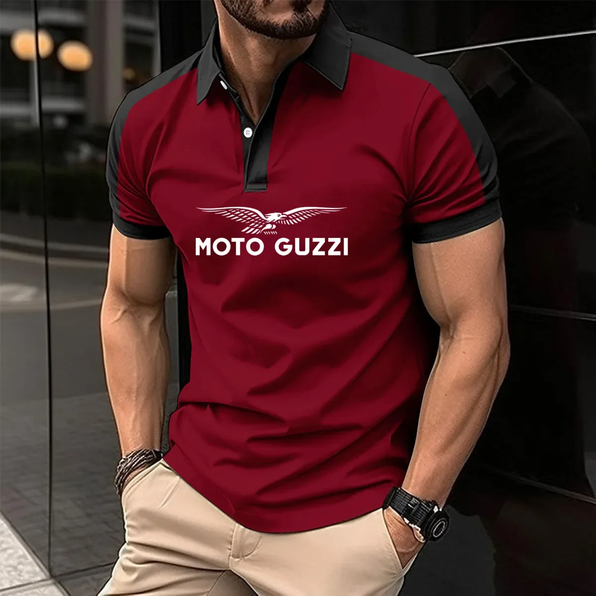 Description Picture 4 of itemFashion POLO shirt new sales comfortable cotton Polo short sleeve moto guzzi print Color matching Harajuku business men's shirt