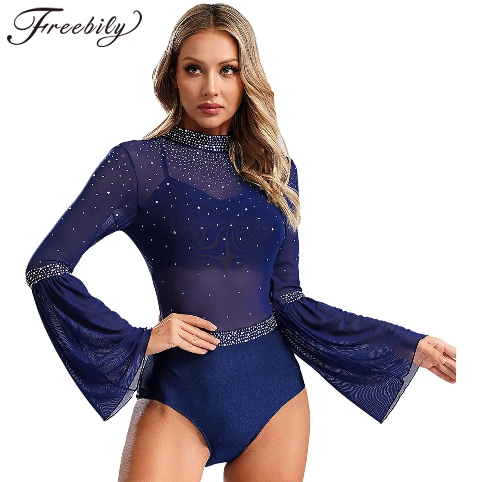 Women's Figure Skating Bodysuit Rhythmic Gymnastics Jumpsuit Flare Sleeve Ballet Dance Leotard Dancewear Performance Costume