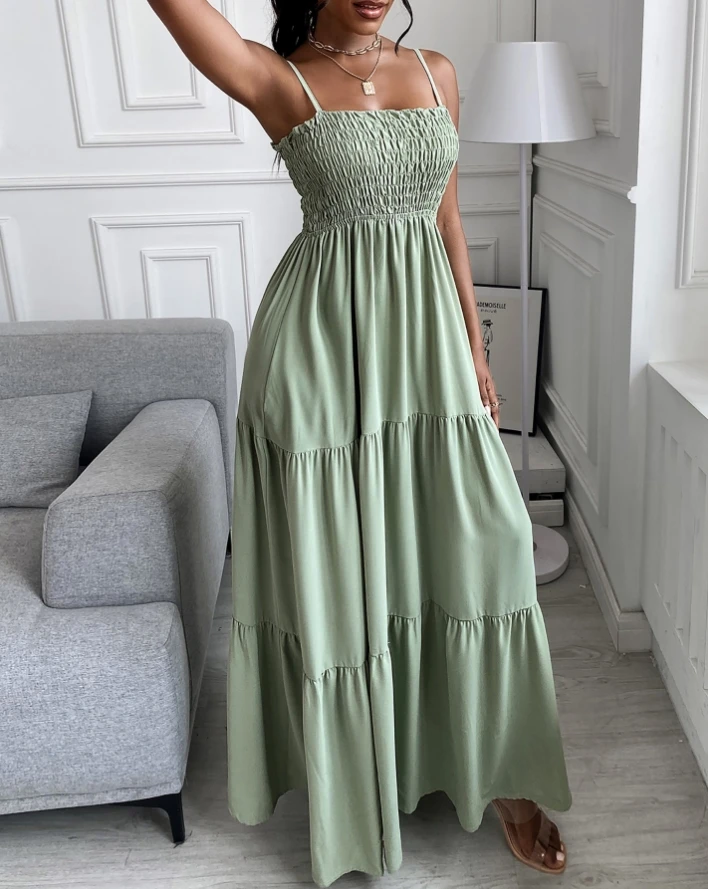 

Women's Long Camisole Dress 2024 Summer Vacation Square Neck Sleeveless Dress Fashion Shirring Detail Ruched Casual Maxi Dress