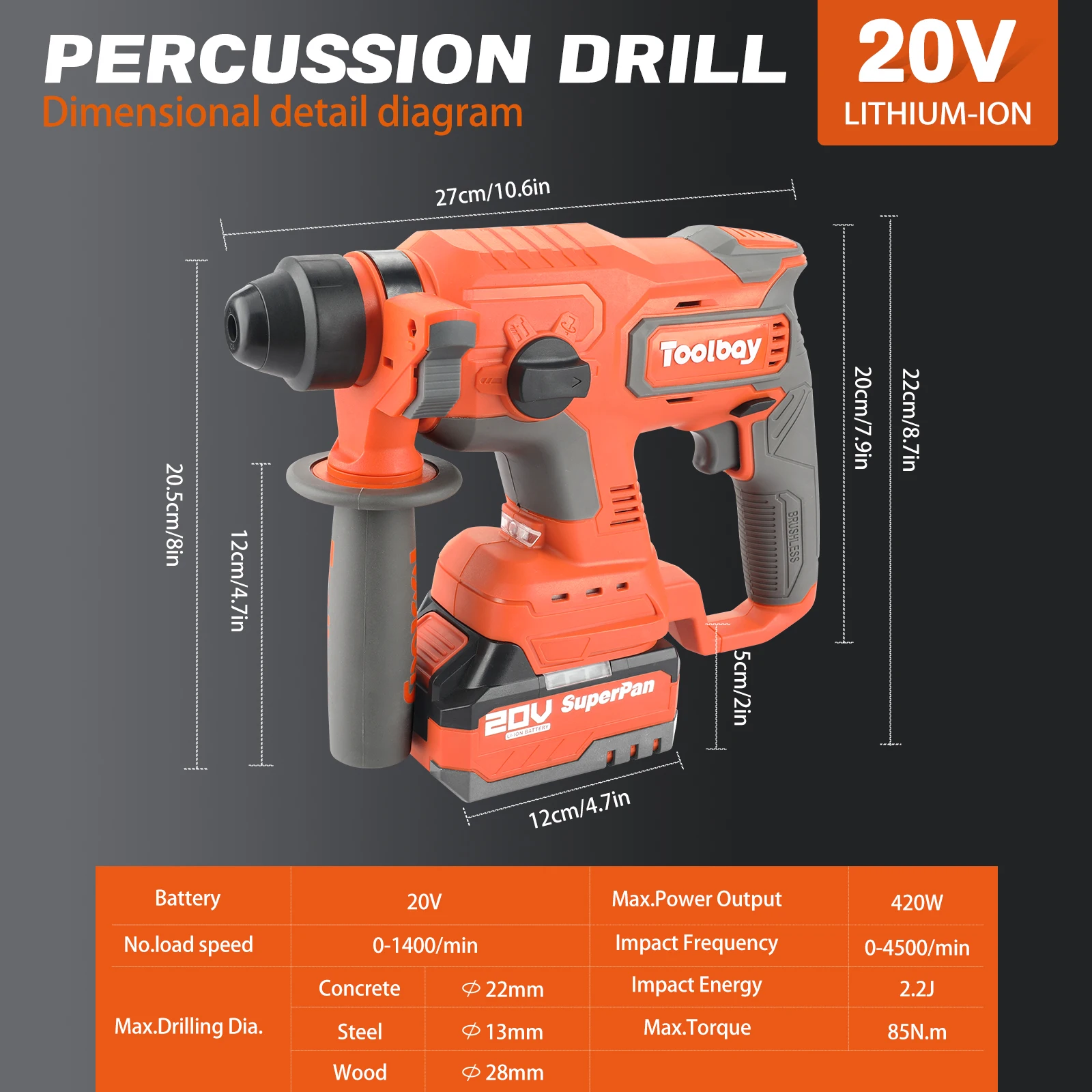 Superpan cordless rotary hammer Impact drill Portable 20V Tool Set with Battery for Electric Drill 2