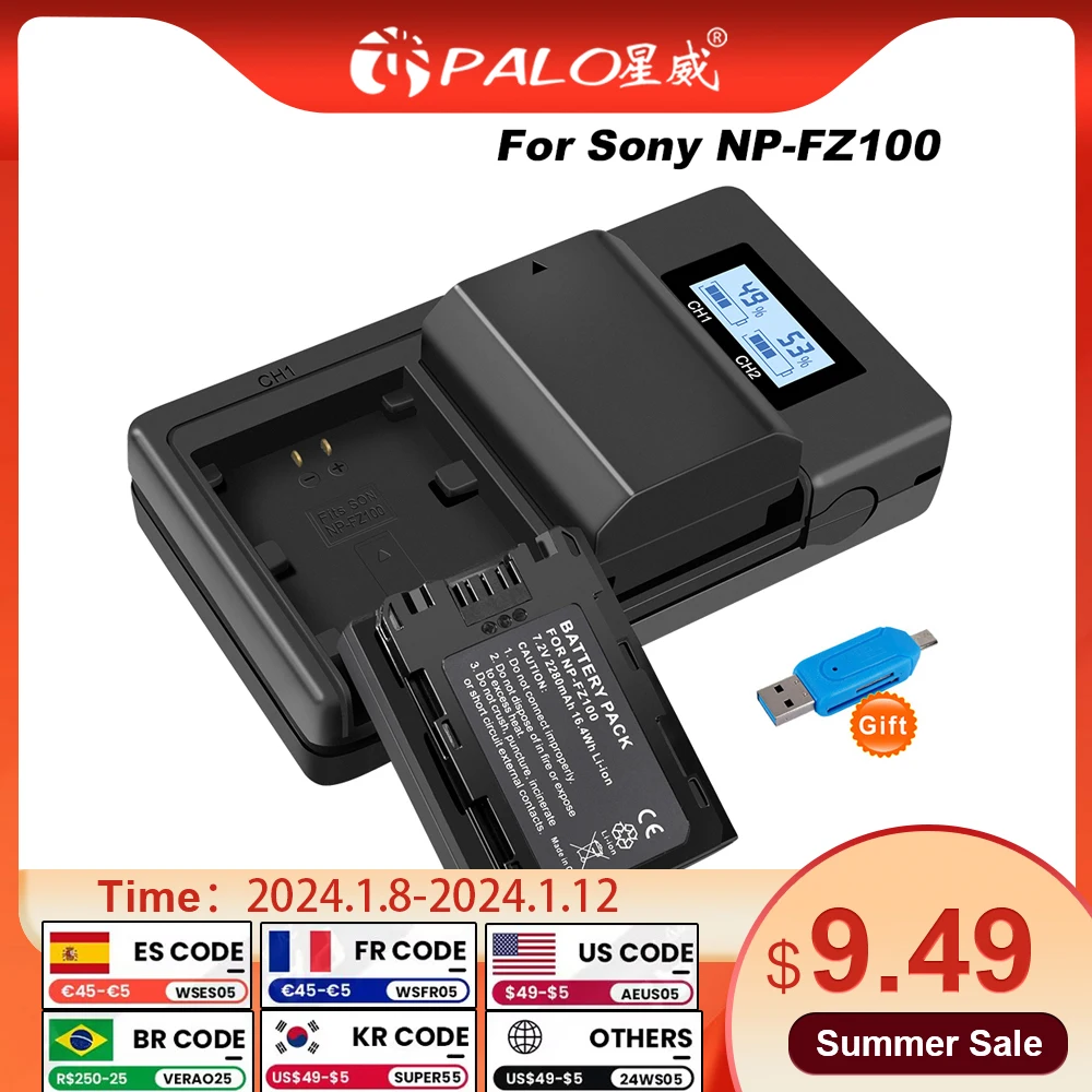 Bateria e Lcd Carregador Dual Usb para Câmera 2280mah Sony Alpha A7iii A7r Iii a9 Alpha A7r3 A6600 Zv-e1 Np-fz100