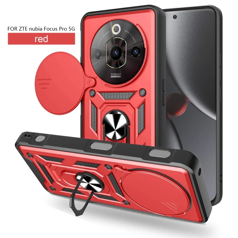 ZTE Nubia Focus Pro 5G Protective Case with Slide Lens Cover and Magnetic Ring Holder Armor Design