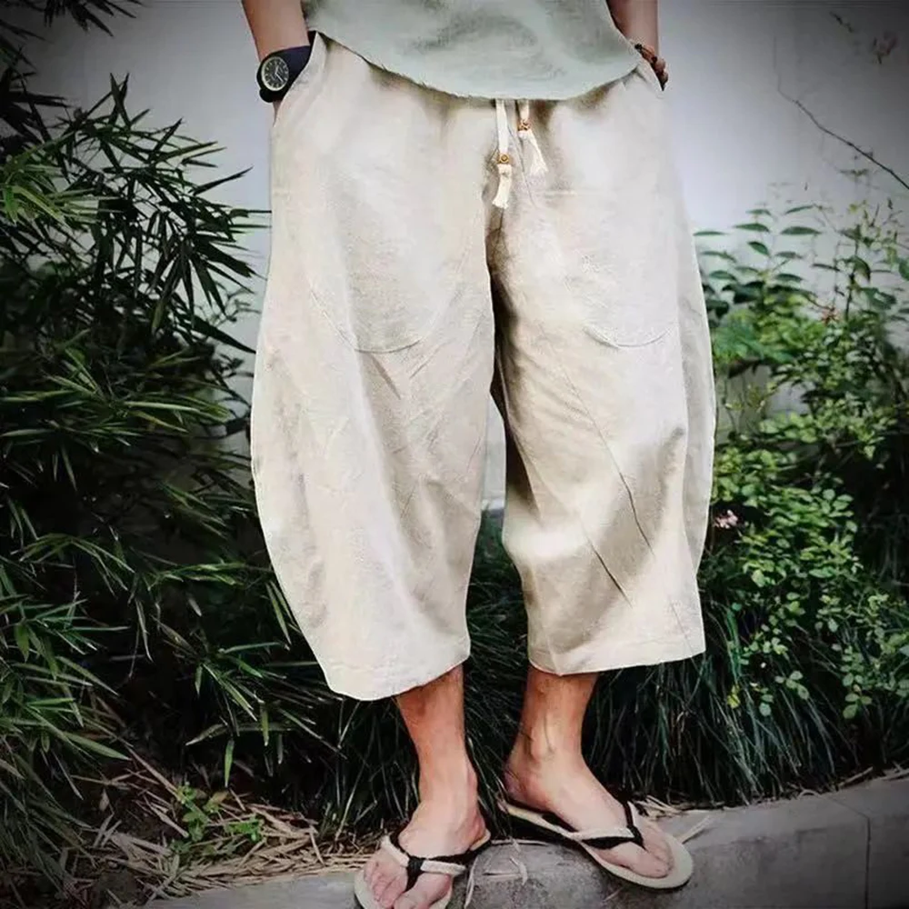 2023 Men Cotton Linen Baggy Wide Leg Pants Men Hanging Crotch Hip Hop Bloomers Pants Men's Calf-Length Cross Pants Trousers