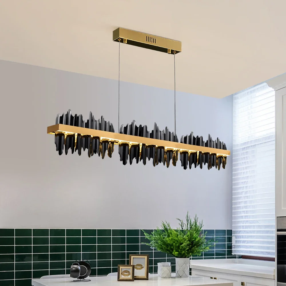 

Modern Chandelier Remote Control Dimmable Gold/Black Rectangular LED Gloss Light Fixture Restaurant Kitchen Island Pendant Light