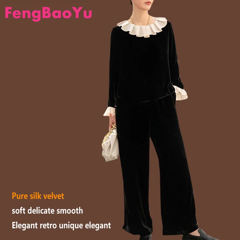 Fengbaoyu Original Design Silk Velvet Spring Autumn Lady Suit Fashion Doll Collar Blouse Wide Leg Trousers Two Large Size 5XL