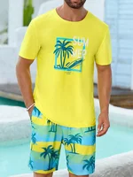 Ensemble Short à manches courtes pour hommes, imprimé dégradé, mode hawaïenne, T-shirt décontracté d'été pour hommes, Short de plage en plein air 2