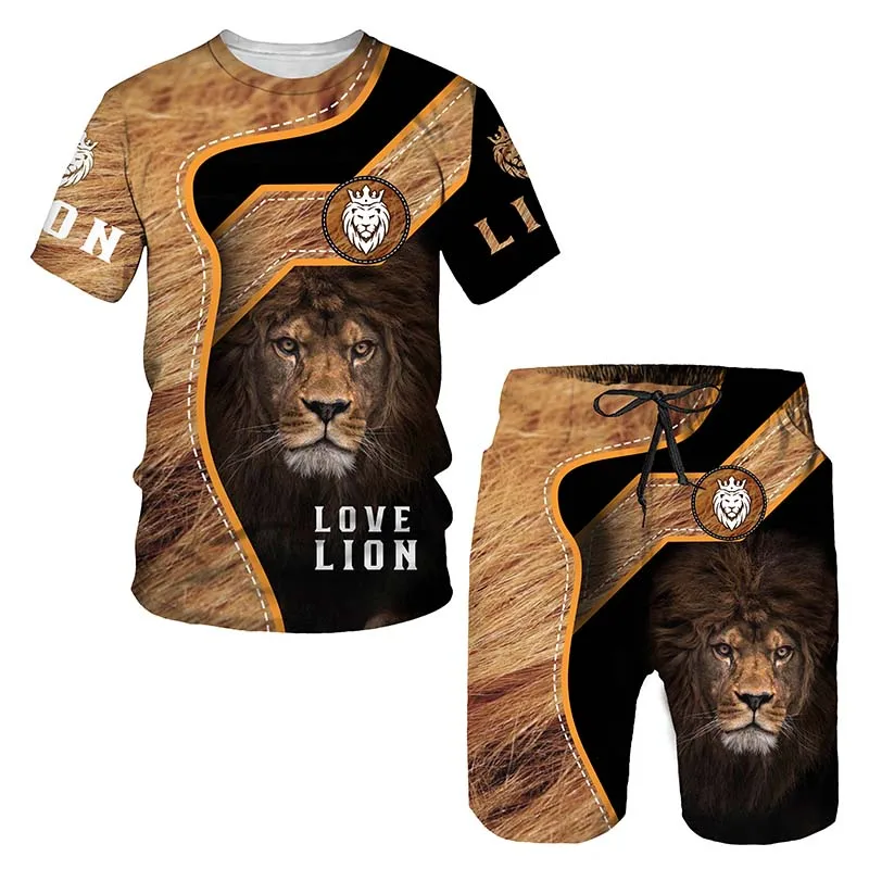 Summer Men T-shirt Set Tracksuit Cool Lion 3D Printed Short Sleeve Pants 2 Piece Casual Suit Sportswear Fashion Men's Clothing