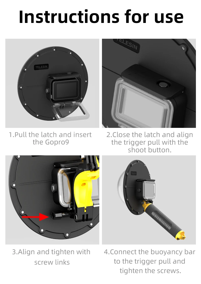 TELESIN 30M Waterproof Dome Port Underwater Housing Case With Floating Handle Tr