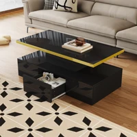 Table basse avec tiroir et LED, double plateau, compacte, pour le salon, espace de rangement discret, en aggloméré - Noir 1