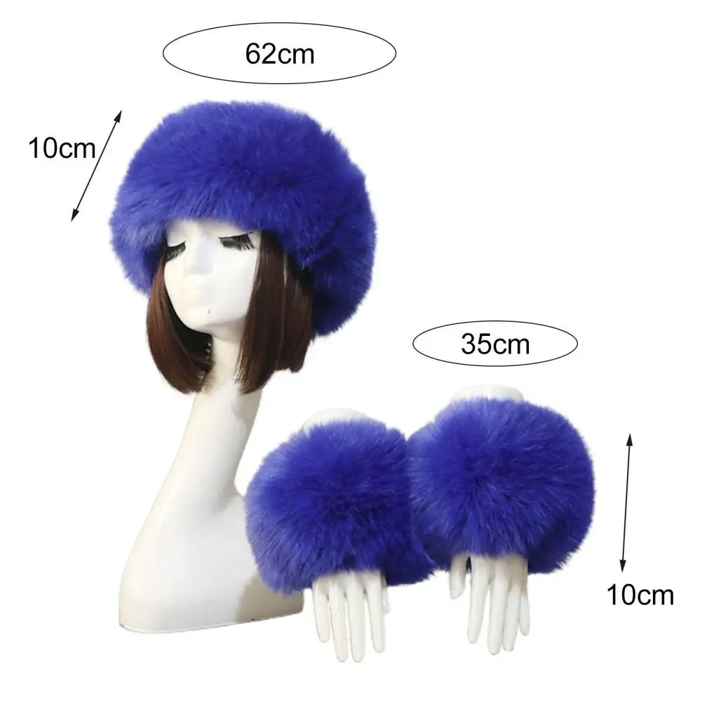 Women Headband Gloves Solid Color Faux Fur Furry Empty Top Hat Wrist Sleeves 1 Set For Outdoor
