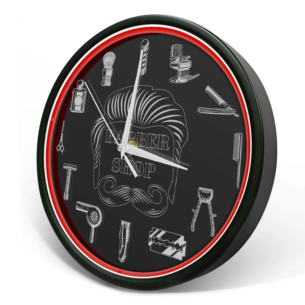 Barber Shop Red Neon Logo Metal Frame Wall Clock for Man Cave Barbering Business Sign Flexible Flex illuminated Neon Wall Clock