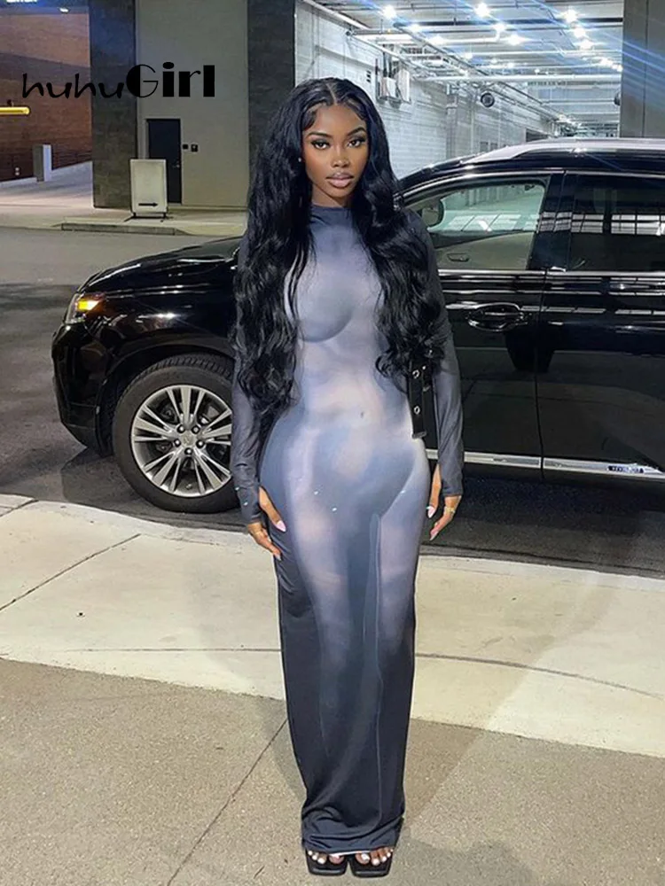 

Huhugirl High Street Fashion Tie Dye Maxi Dress Women Turtleneck Long Sleeve Tight Dresses Female Robes Casual Going Out Dresses