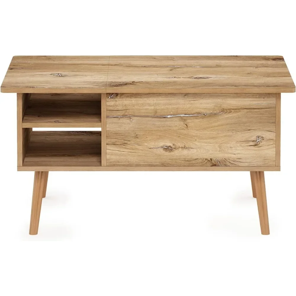 Wooden leg-raised top coffee table with hidden compartment and side-open living room storage shelves 6