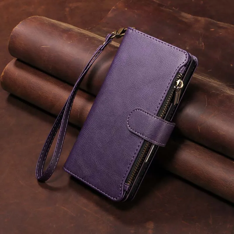 Leather Flip Phone Case with Magnetic Zipper and 9-Card Wallet Slots