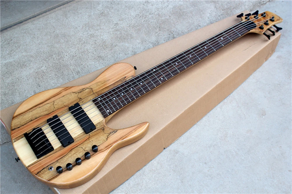Flyoung 6 Strings Spalted Maple Veneer Electric Bass Guitar with